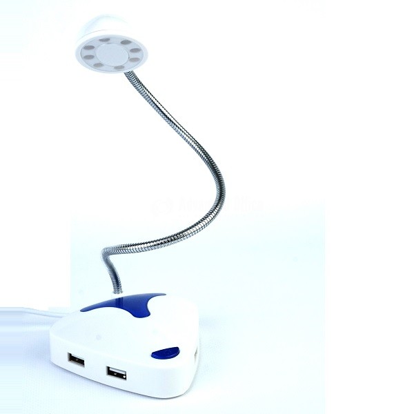 Lampe de Bureau LED Articulée USB avec Base Hub 4 Ports USB Blanc et Bleu