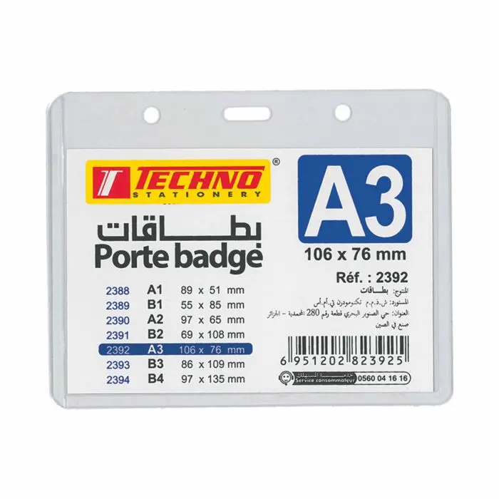 Porte Badge TECHNO A3 Horizontal 106x76mm en PVC Transparent