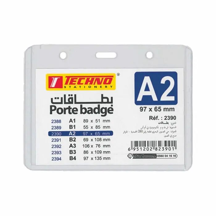 Porte Badge TECHNO A2 Horizontal 97x65mm en PVC Transparent