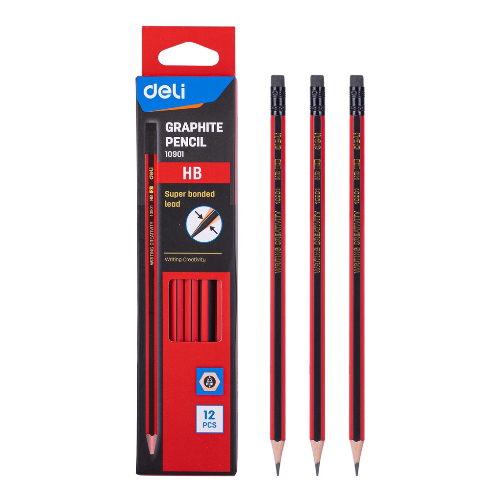 Crayon Noir Graphite DELI HB Hexagonal avec Gomme