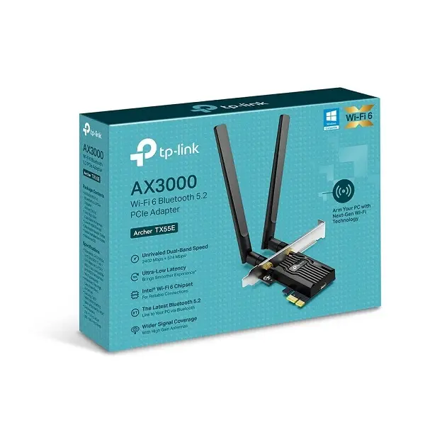 Carte Réseau TP-LINK Archer TX55E pour Ordinateur de Bureau Wi-Fi 6 PCIe AX3000 Adaptateur Bi-bande Bluetooth 5.3 avec 2 Antennes Multidirectionnelles pour Gaming Windows 11/10 (64 bits)
