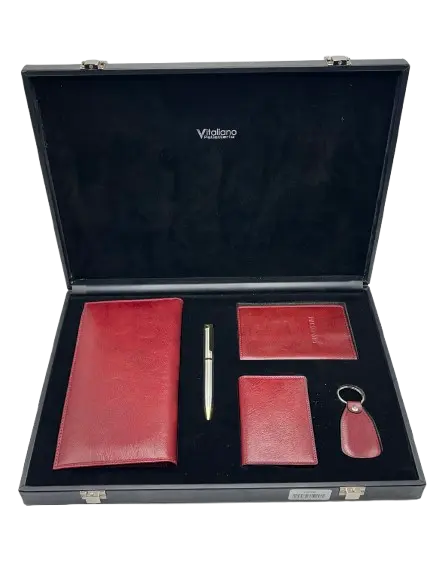 Coffret Lux De 5pcs Compagnon de Voyage Stylo Porte Clé Porte Passeport Porte Cartes Crédit Bordeaux