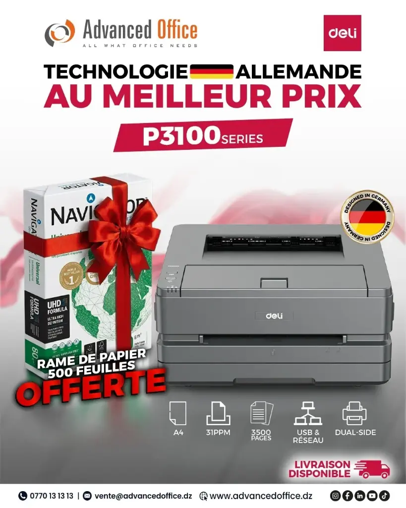 PROMO DELI - Imprimante Laser DELI P3100DS Monochrome A4 + Rame de papier Blanc NAVIGATOR A4 , 80grs (500F)