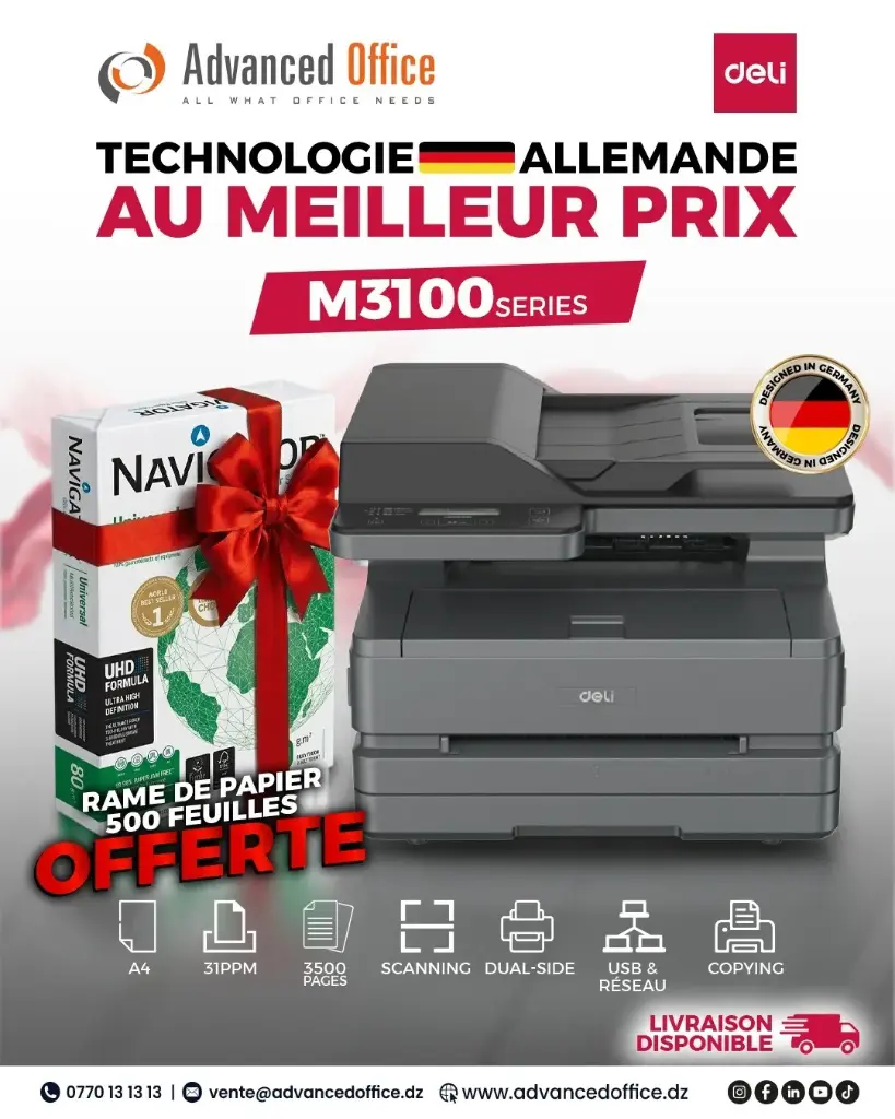PROMO DELI - Imprimante Multifonction DELI M3100ADN Monochrome A4 + Rame de papier blanc NAVIGATOR