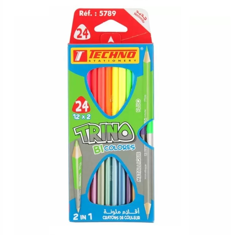 Crayons De Couleur TECHNO Trino Double Tête Métallisées Fluos Boite De 24