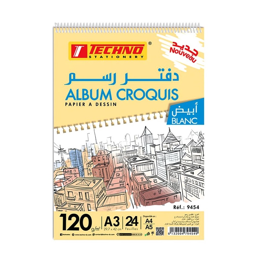 Bloc de Dessin TECHNO Album Croquis A3 42x29.7cm 24 Feuilles 120g/m²