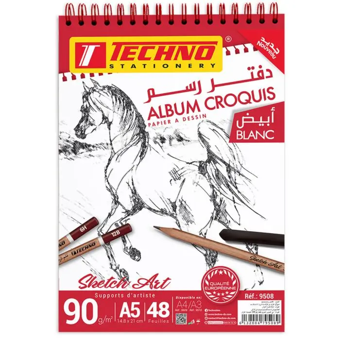 Bloc de Dessin TECHNO Album Croquis A5 48 Feuilles 90g/m² 