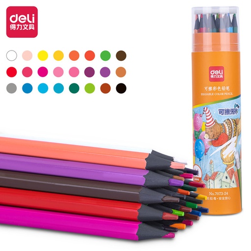 [7073-24] Crayons De Couleur DELI Effaçable Boite En Tube De 24