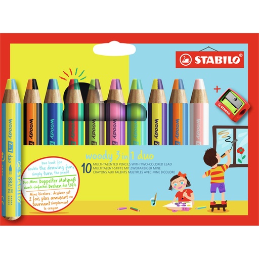 [882/10-2] Crayons De Couleur STABILO Woody 3 en 1 Duo Boite De 10