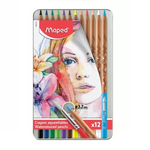 [832412] Crayons De Couleur MAPED Aquarellables Boite Métallique De 12 Avec Pinceau