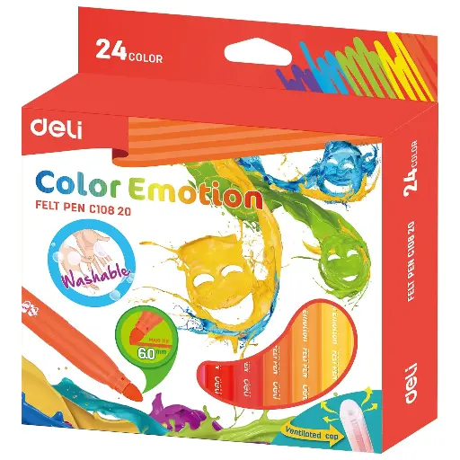 [C10820] Stylo Feutre DELI Color Emotion Lavable Boite de 24 Couleurs 