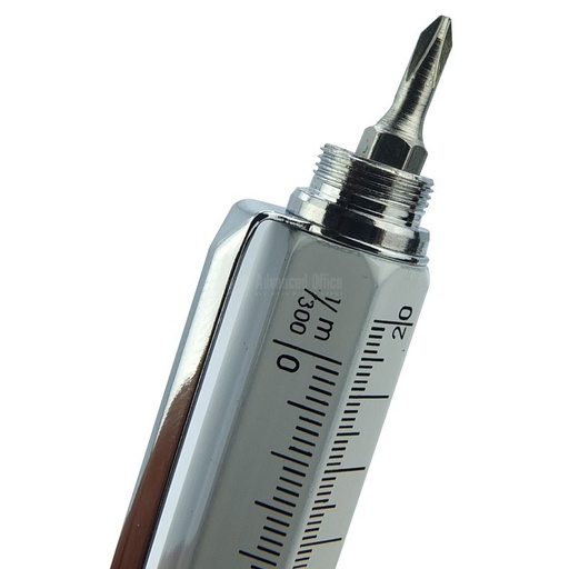 [HB-02G] Stylo 5 en 1 (Stylo à bille + Stylet + Tournevis plat (Français)/cruciforme (Américain) + Règle Multi unités + Niveau à bulle) Gris